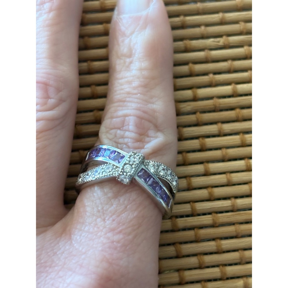 Womens‎ Silver Tone Purple Amethyst CZ Crossover Bow Statement Ring sz8